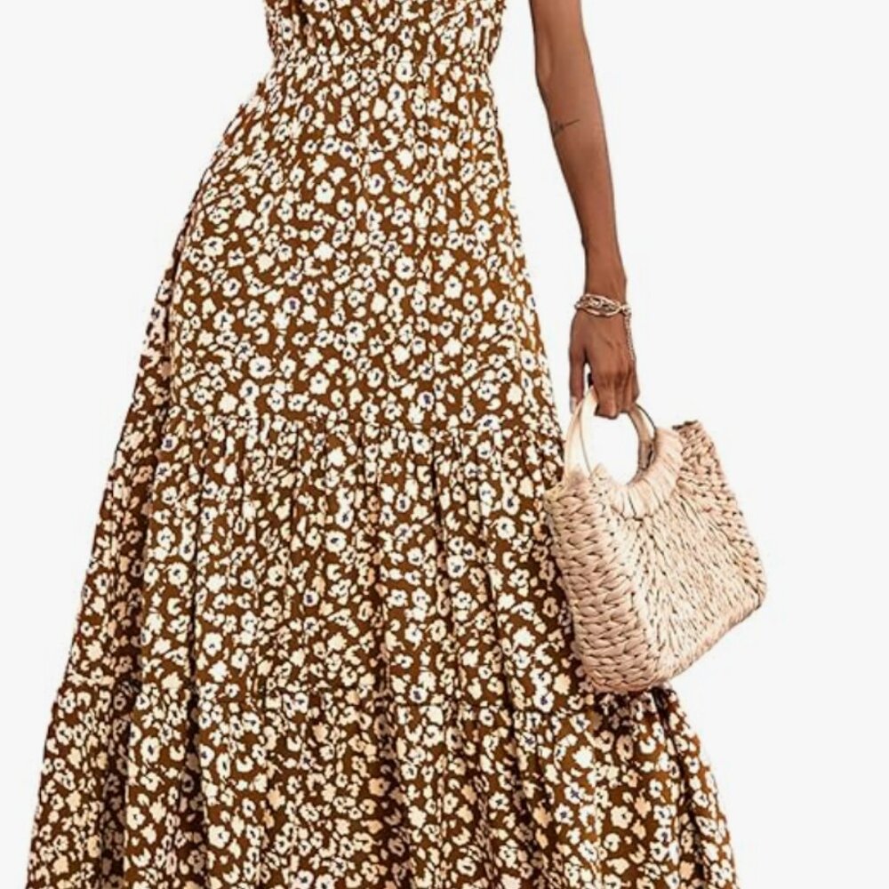PRETTYGARDEN One Shoulder Floral Maxi Dress | Size XXL | Yellow & Brown | Boho V